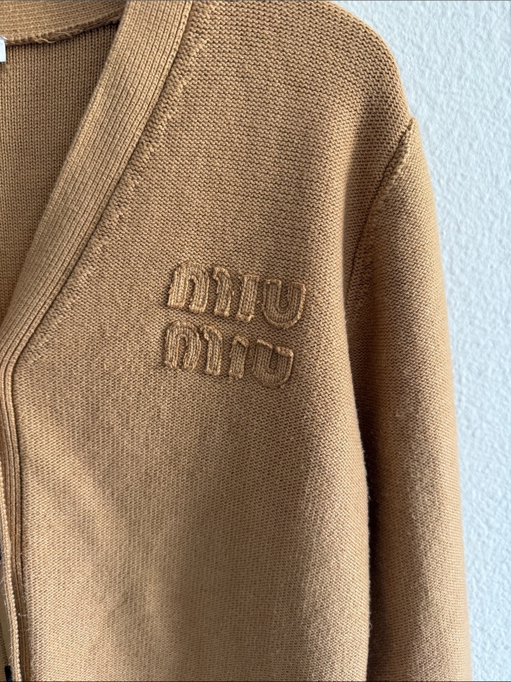 Miu Miu Camel Logo Wool-blend V-neck Cardigan - Picture 2 of 14